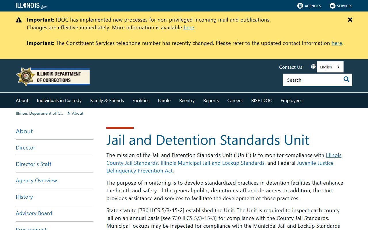 IDOC Jail and Detention Standards Unit page for Saline County Detention Center inspection context