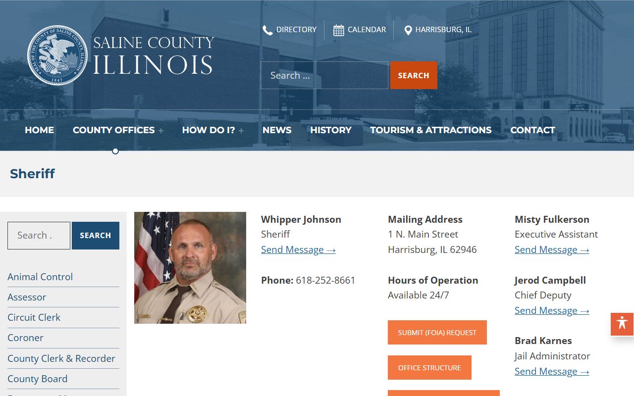 Saline County sheriff contact page for Gallatin County inmate custody